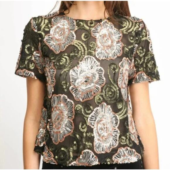 Endless Rose Black Sequin Floral Party Top Small - Picture 1 of 13